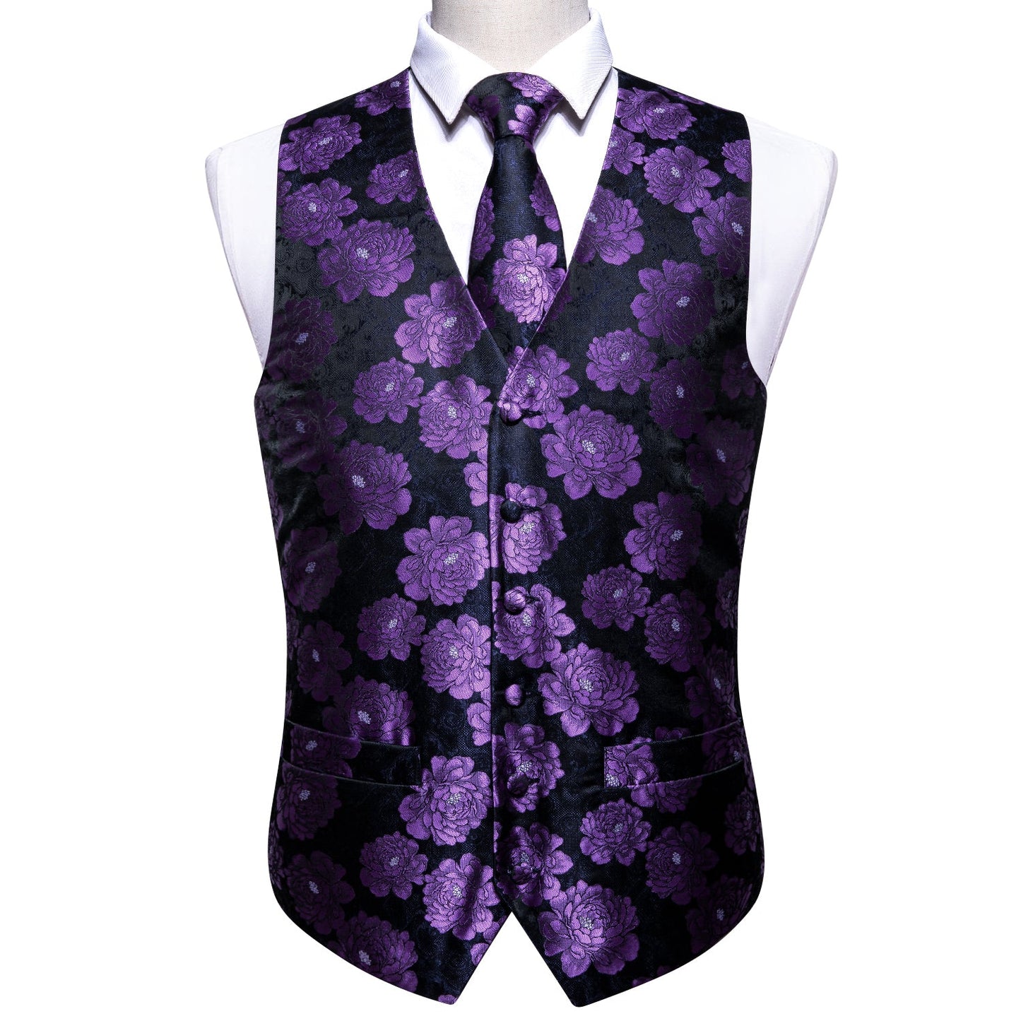 Designer Floral Waistcoat Silky Novelty Vest Anemone Black