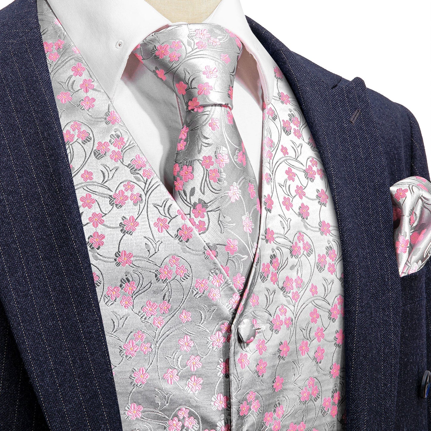 Designer Floral Waistcoat Silky Novelty Vest Silver James