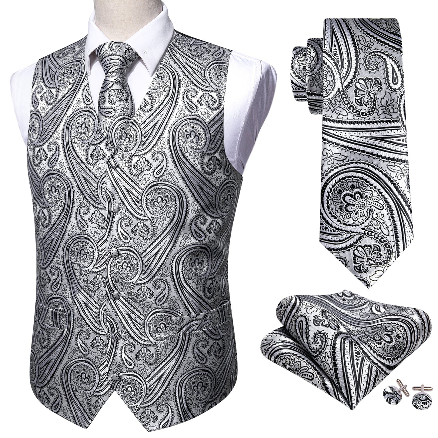 Designer Floral Waistcoat Silky Novelty Vest Silver Gale