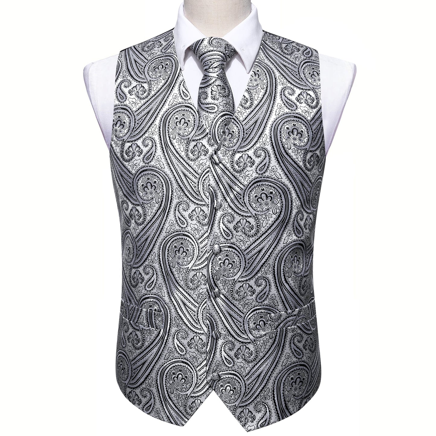 Designer Floral Waistcoat Silky Novelty Vest Silver Gale