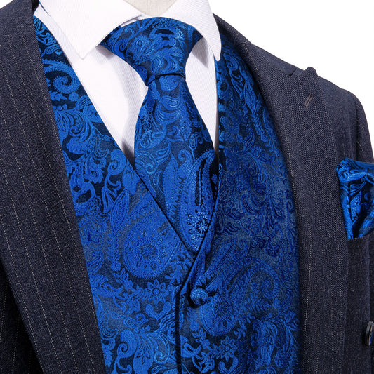 Designer Floral Waistcoat Silky Novelty Vest Royal Blue Guard