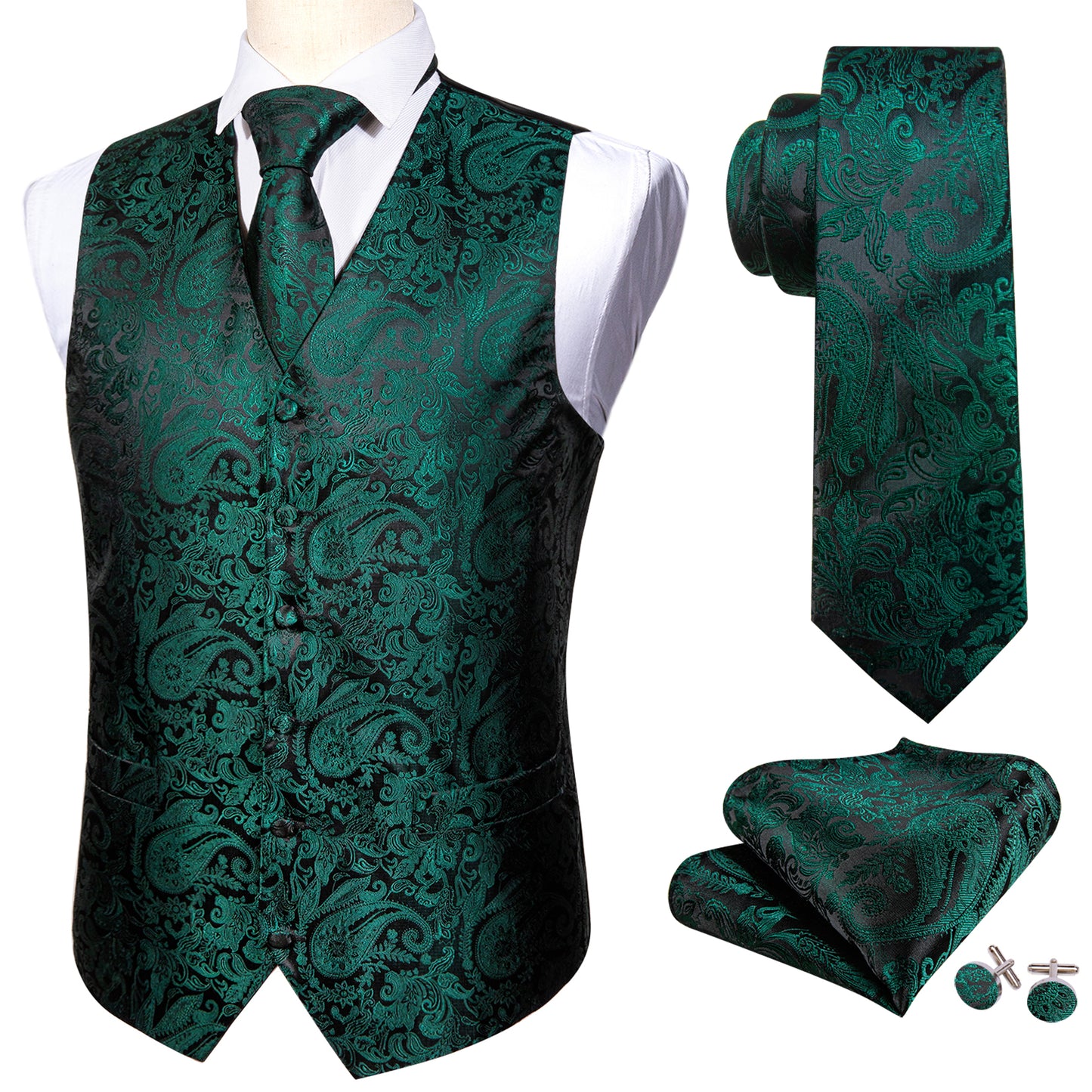 Men's Designer Waistcoat Vintage Vest Silky Set Tuxedo Gilet Pine Forest