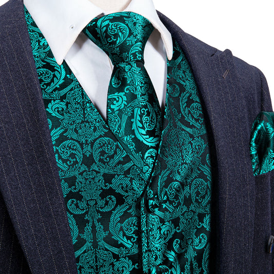 Designer Floral Waistcoat Silky Novelty Vest Teal Damask