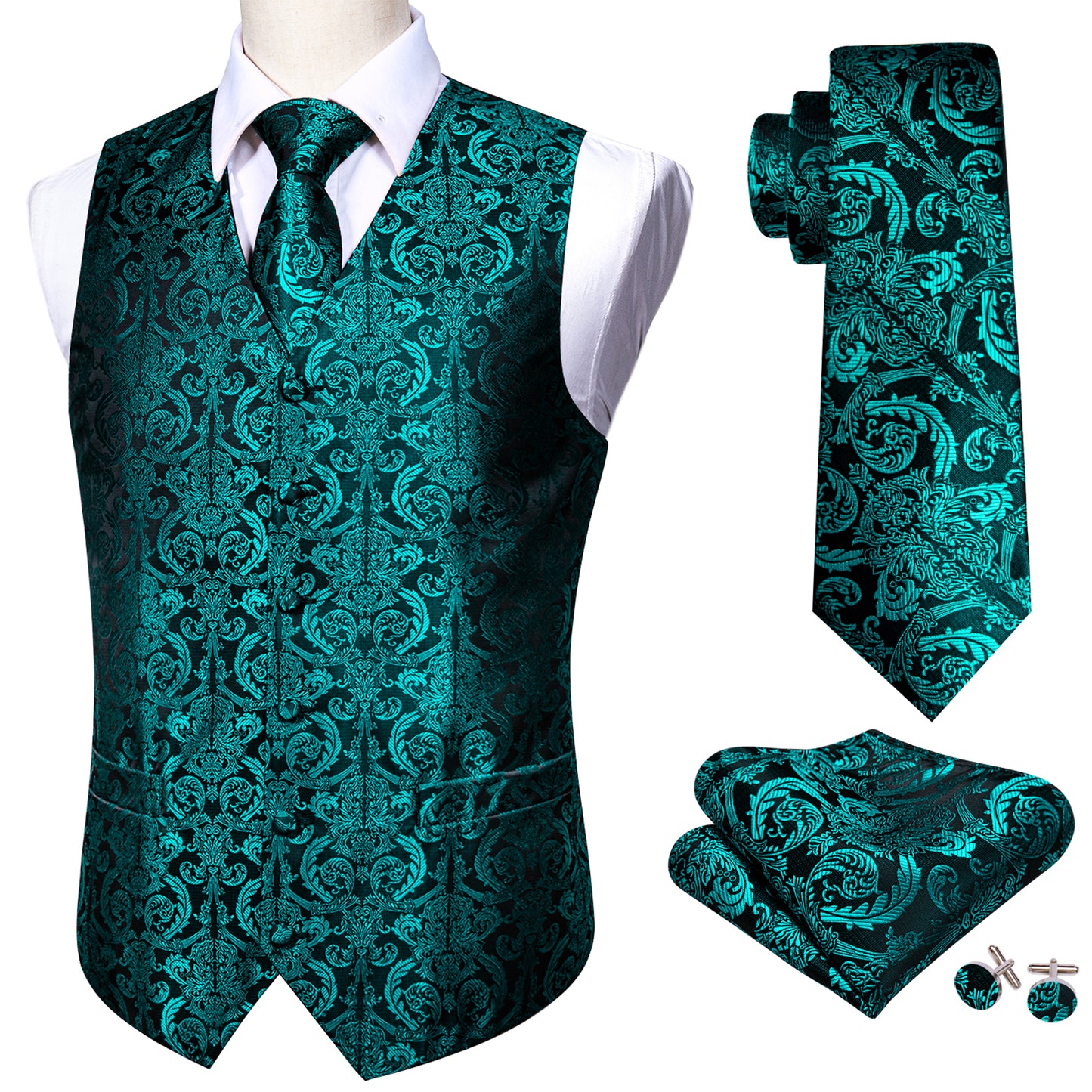 Men's Designer Waistcoat Vintage Vest Silky Set Tuxedo Gilet Teal Dam