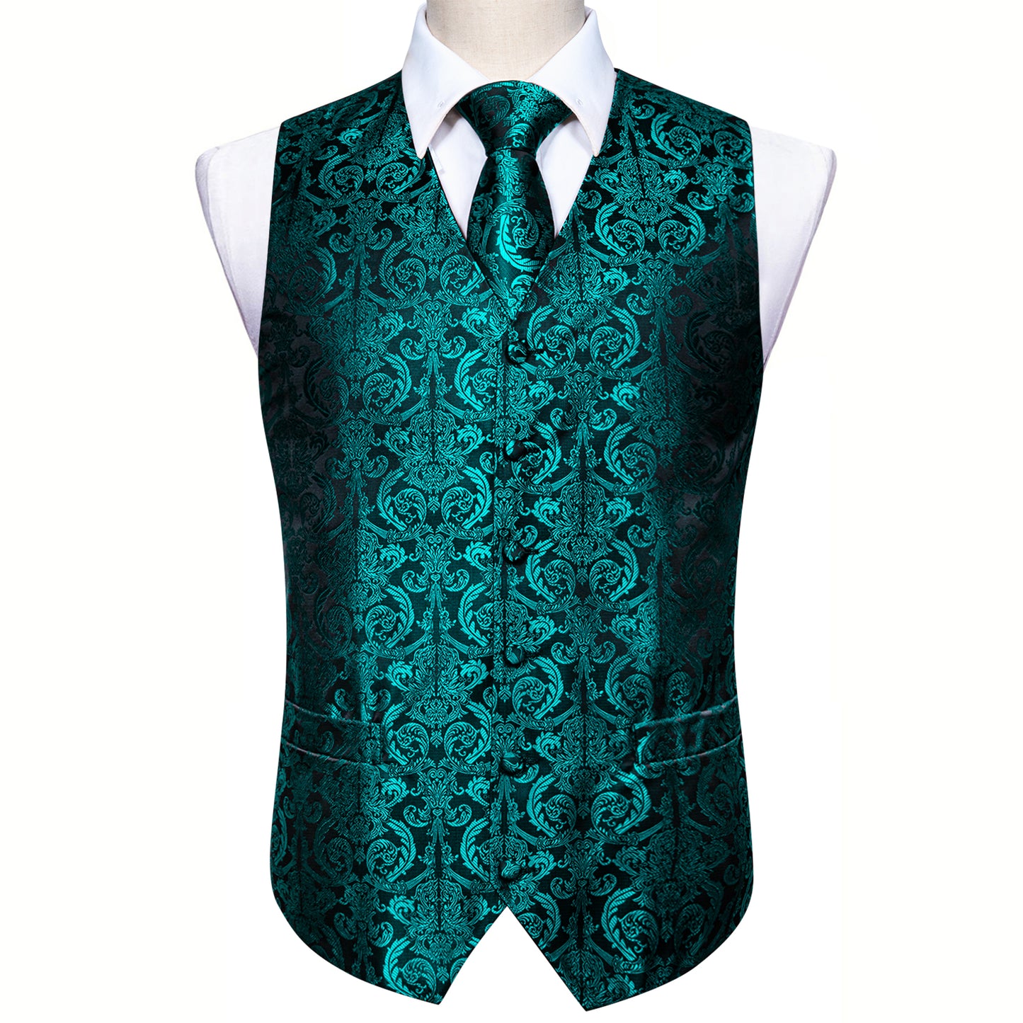 Men's Designer Waistcoat Vintage Vest Silky Set Tuxedo Gilet Teal Dam