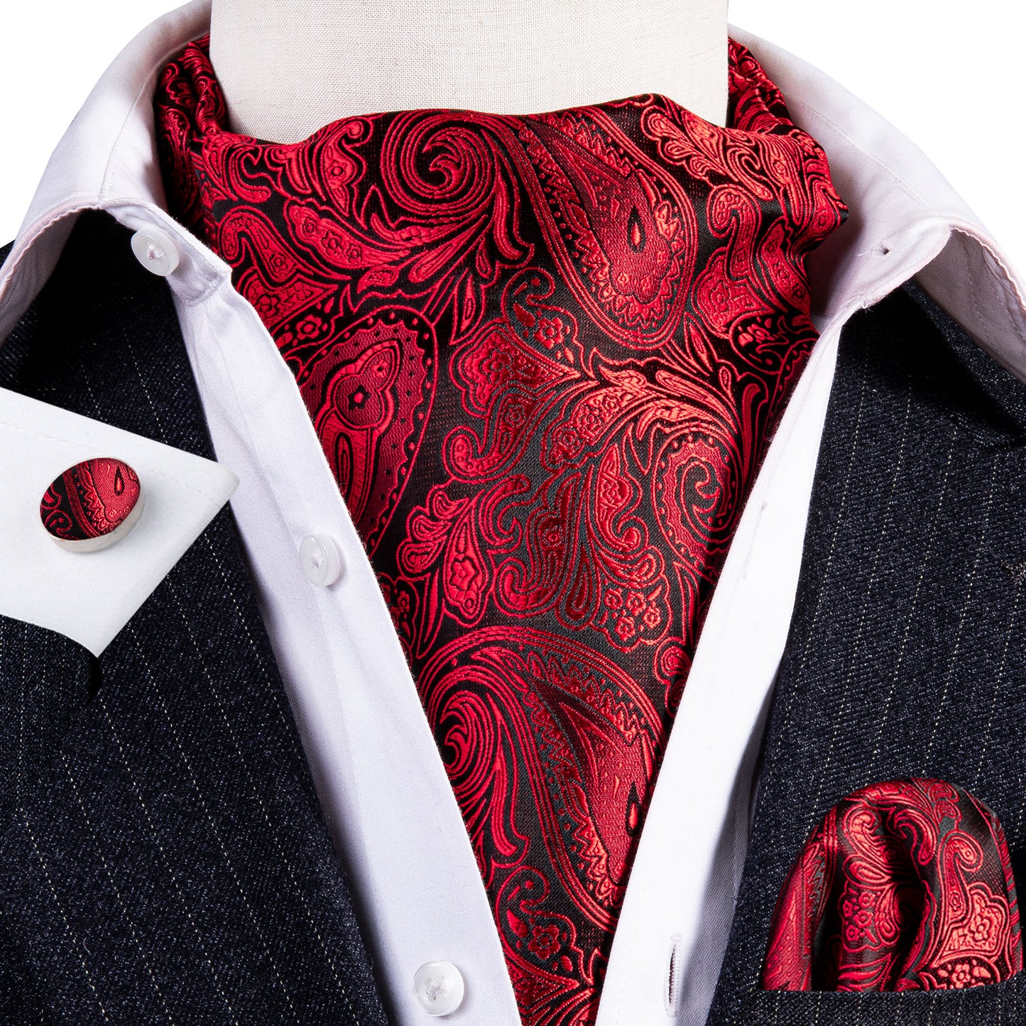 Victorian Ascot Silky Floral Day Cravat Set [Red P-Damask]