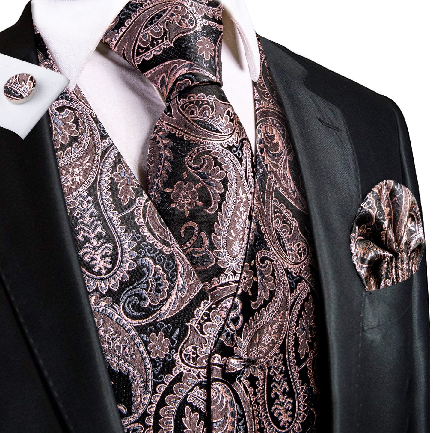 Designer Floral Waistcoat Silky Novelty Vest Cold Bronze