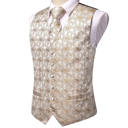 Designer Floral Waistcoat Silky Novelty Vest Beige Move