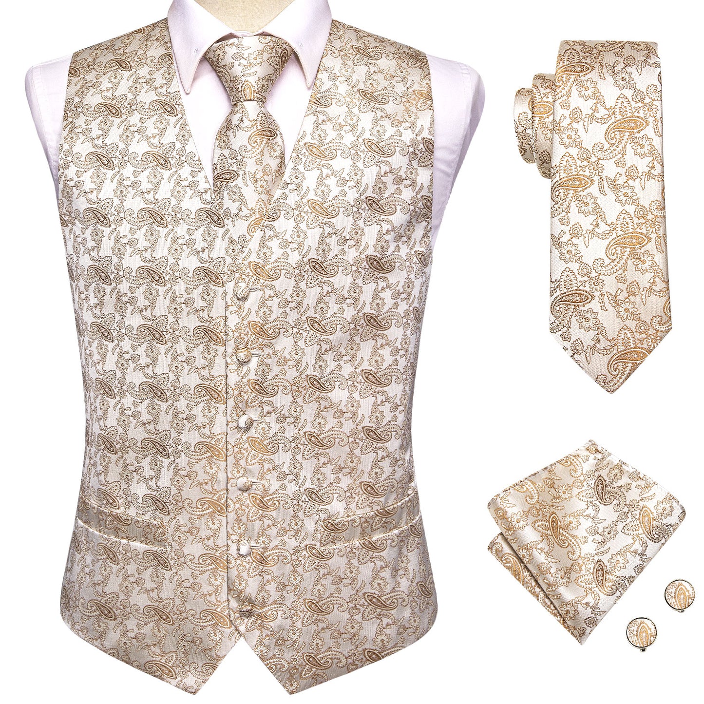 Men's Designer Waistcoat Vintage Vest Silky Set Tuxedo Gilet MP Beige