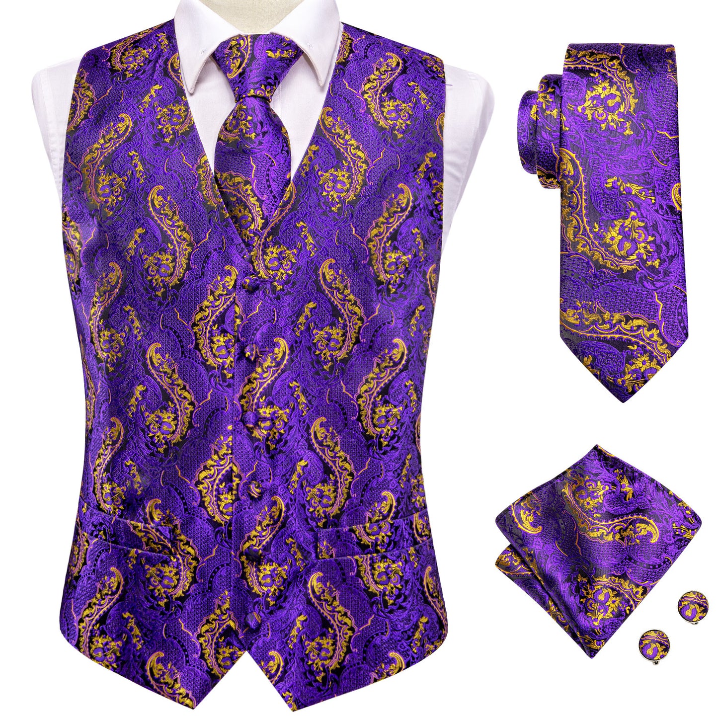 Men's Designer Waistcoat Vintage Vest Silky Set Tuxedo Gilet Violet Serpent