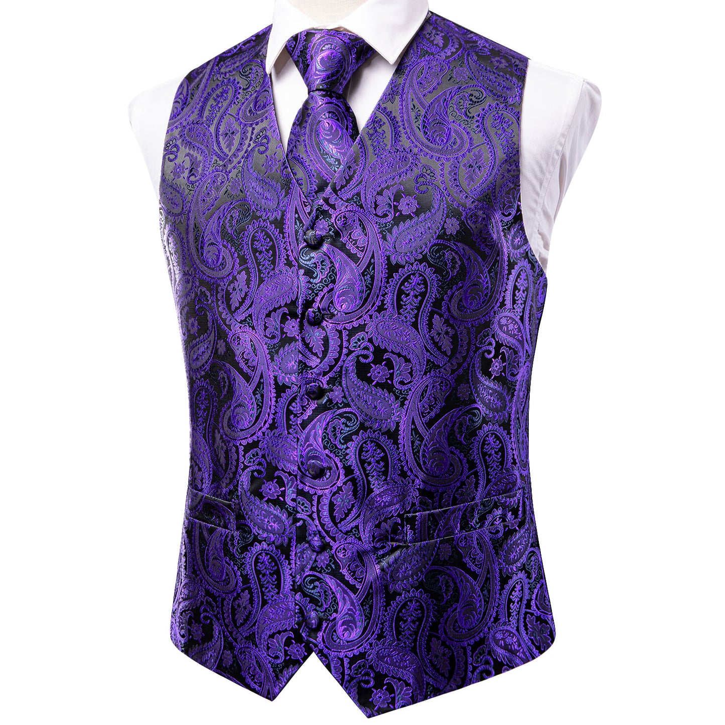 Men's Designer Waistcoat Vintage Vest Silky Set Tuxedo Gilet Purple Bobble