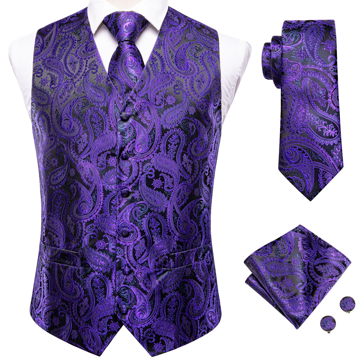 Men's Designer Waistcoat Vintage Vest Silky Set Tuxedo Gilet Purple Bobble