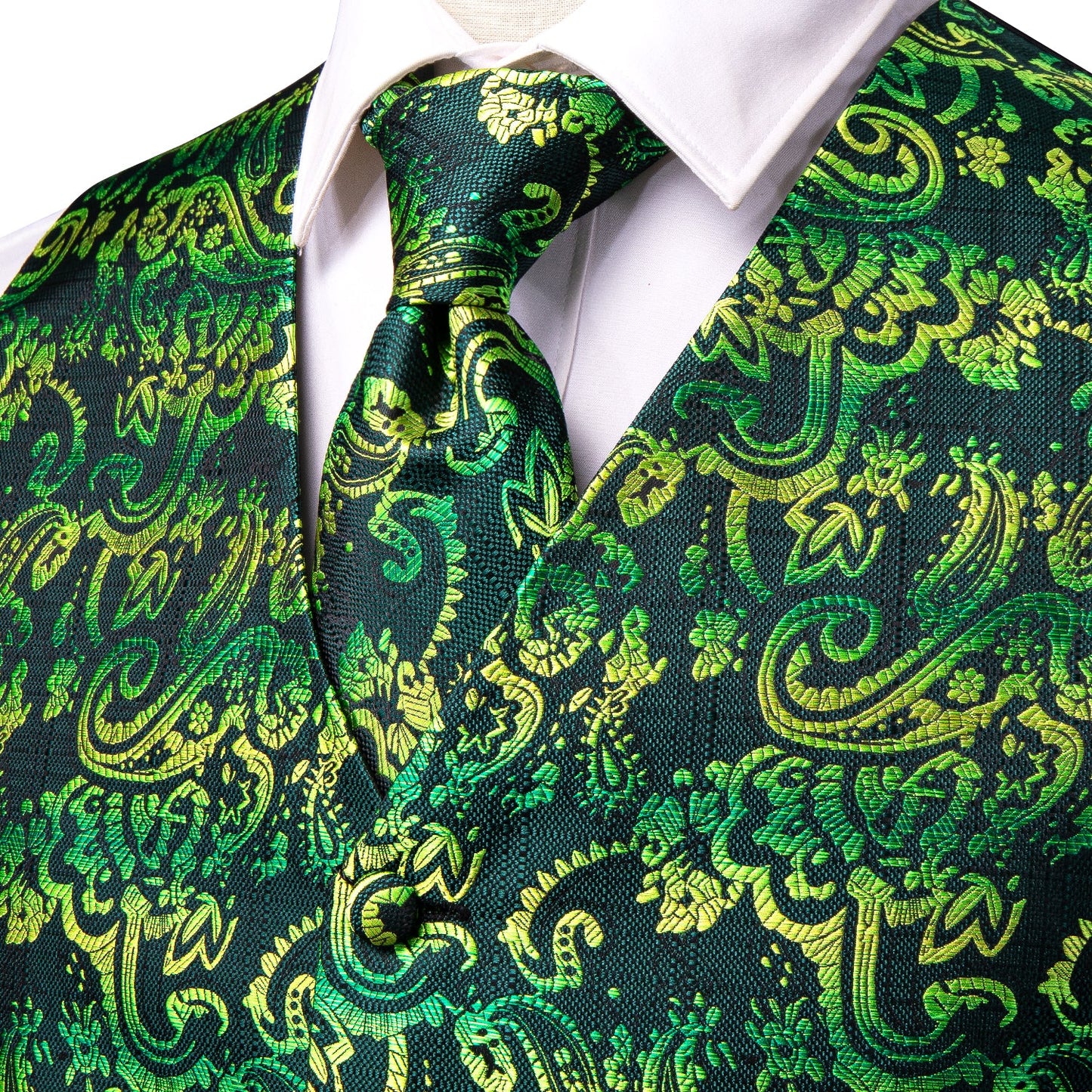 Designer Floral Waistcoat Silky Novelty Vest Galaxy Green