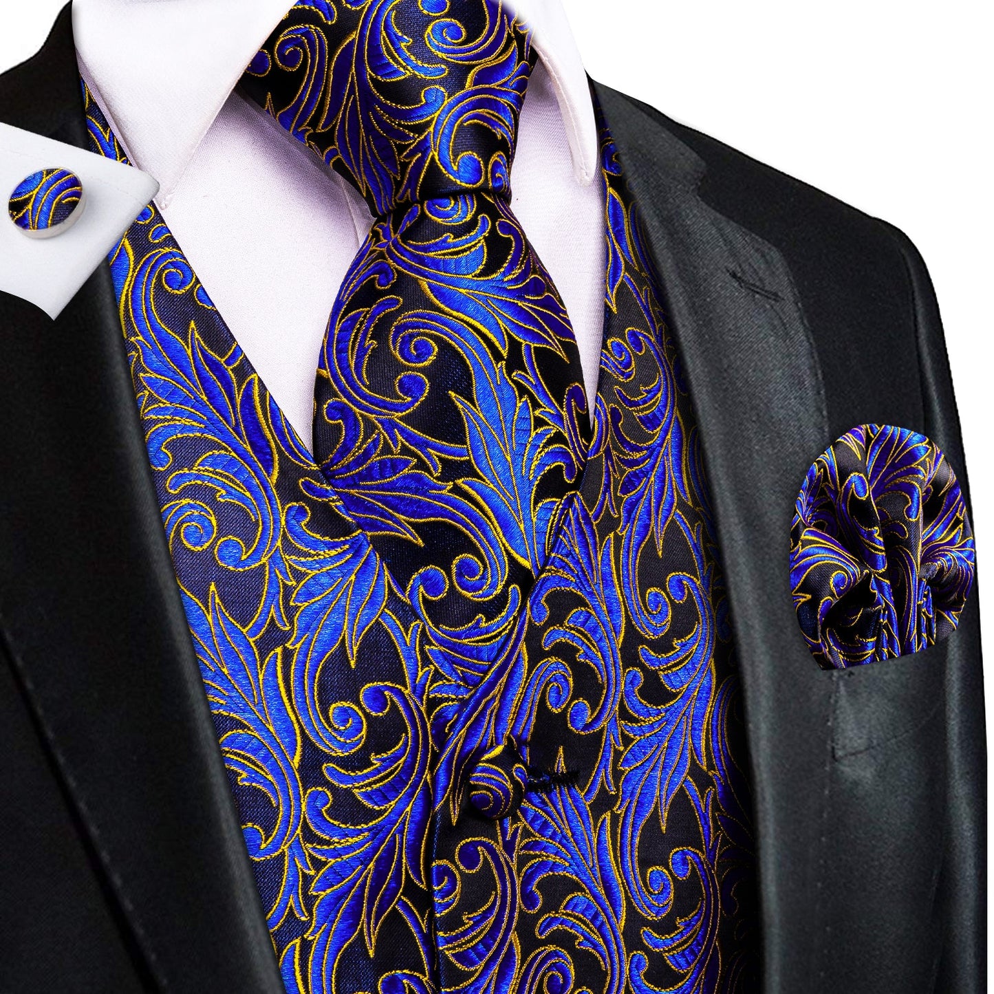 Designer Floral Waistcoat Silky Novelty Vest Flash Blue