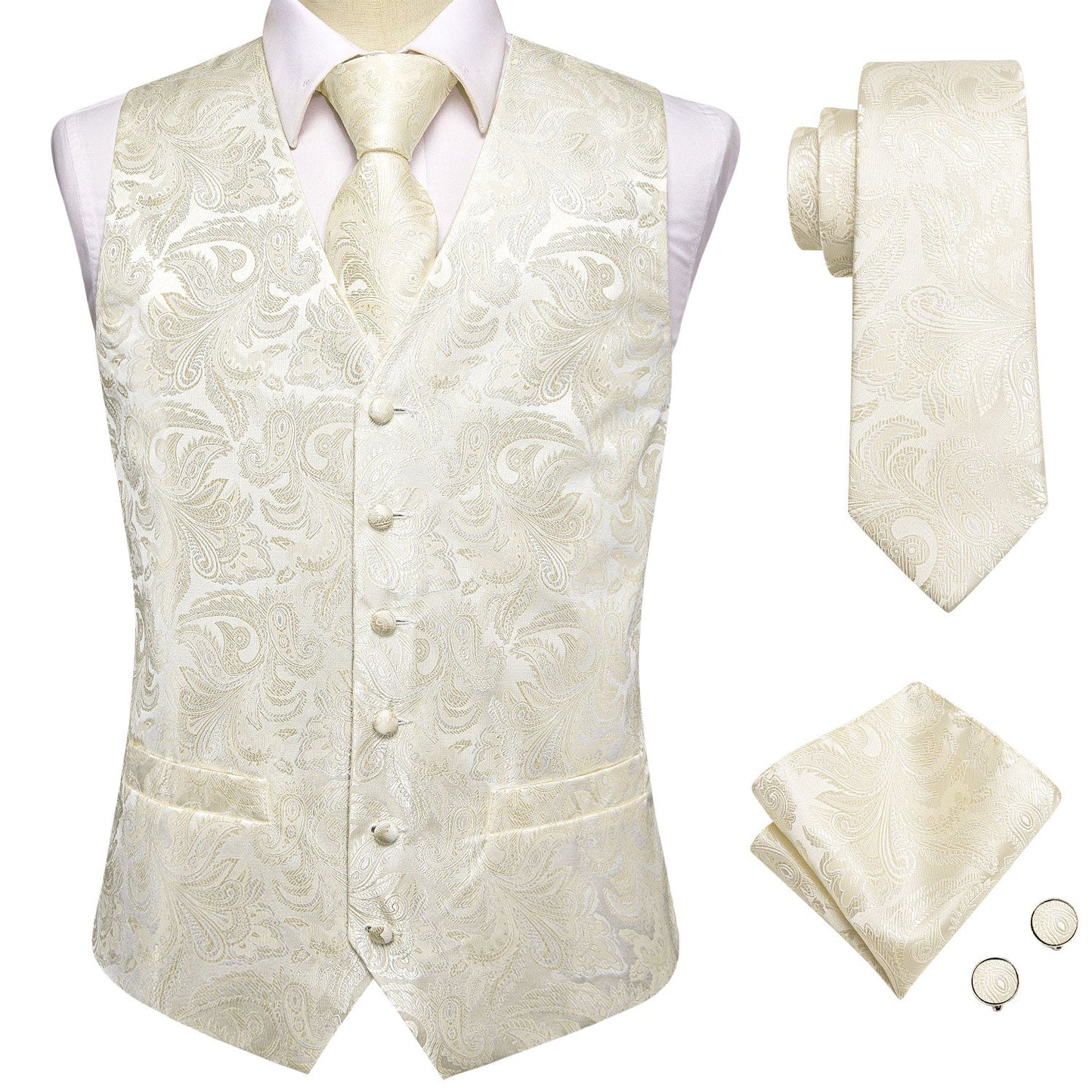 Designer Floral Waistcoat Silky Novelty Vest Ivory Fern