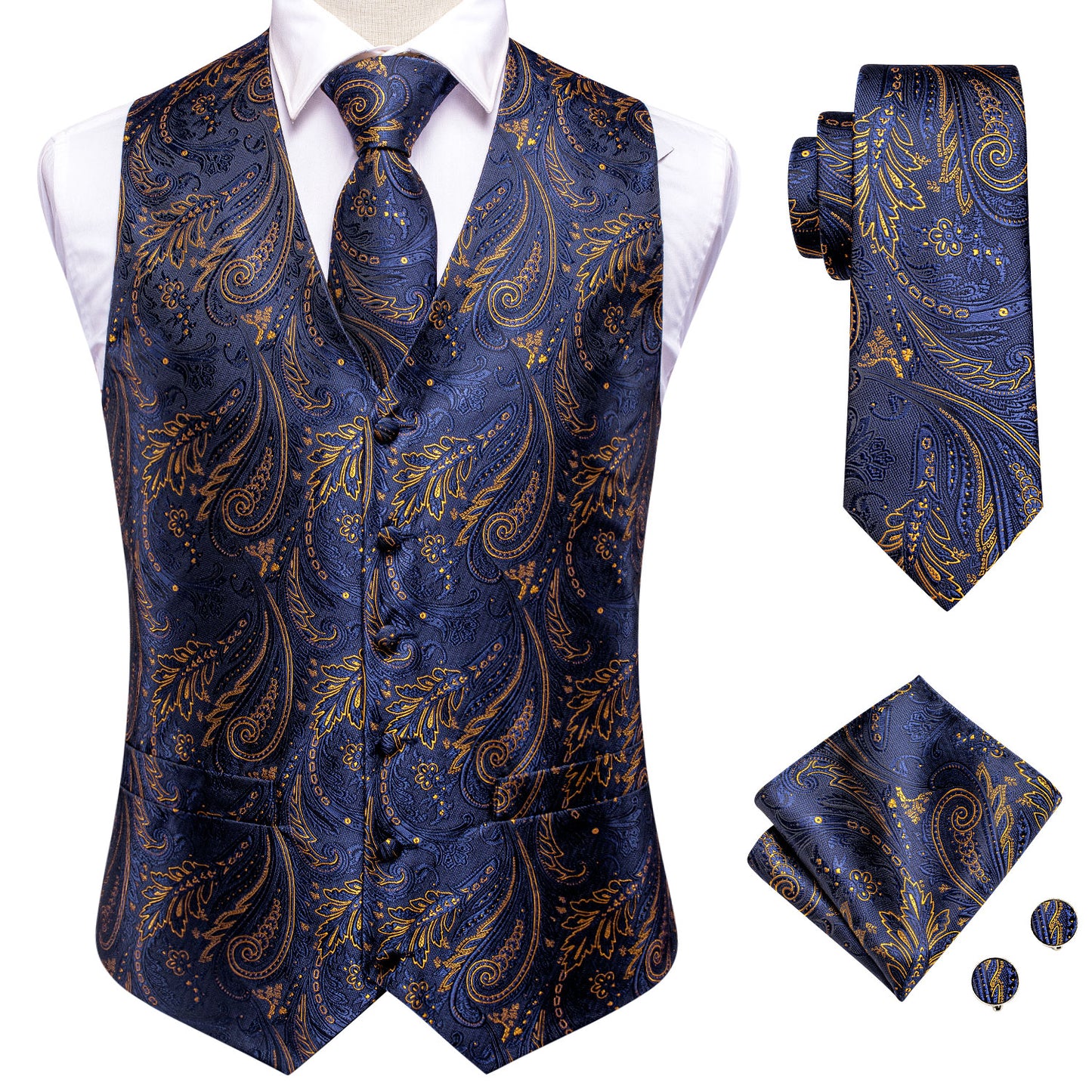 Men's Designer Waistcoat Vintage Vest Silky Set Tuxedo Gilet Gold Grain