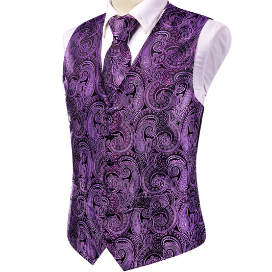 Designer Floral Waistcoat Silky Novelty Vest Violet Inca
