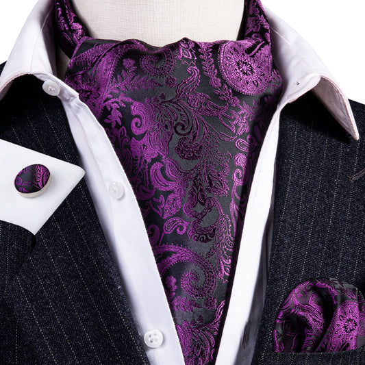 Victorian Ascot Silky Floral Day Cravat Set [Purple Paisley]