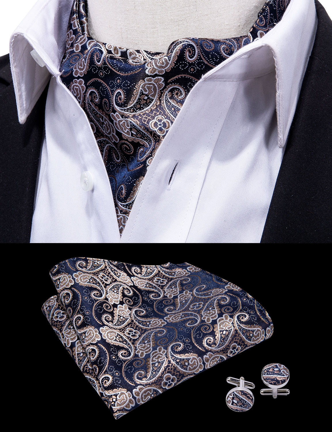 Victorian Ascot Silky Floral Day Cravat Set [Navy Paisley]