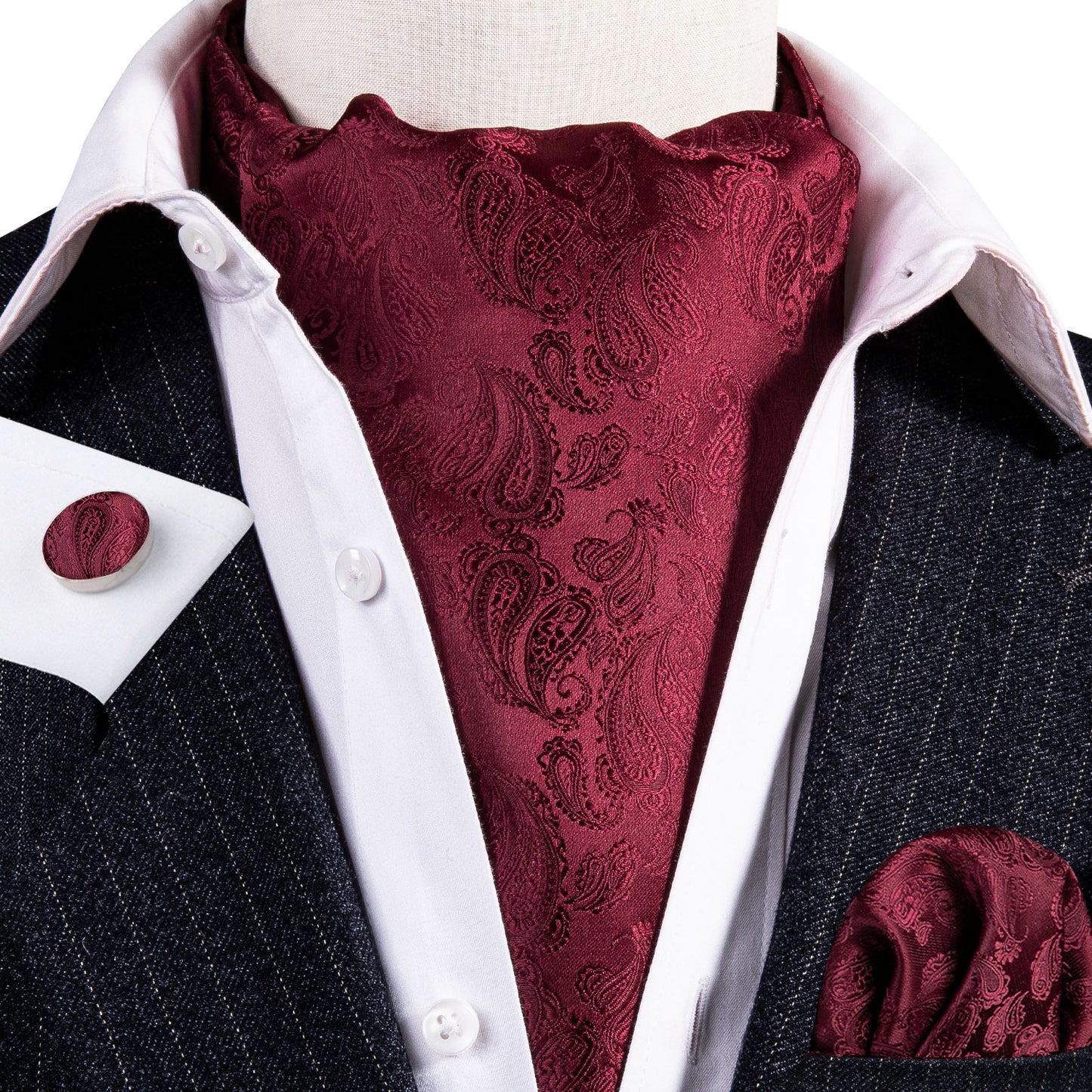 Victorian Ascot Silky Floral Day Cravat Set [Wine Paisley]