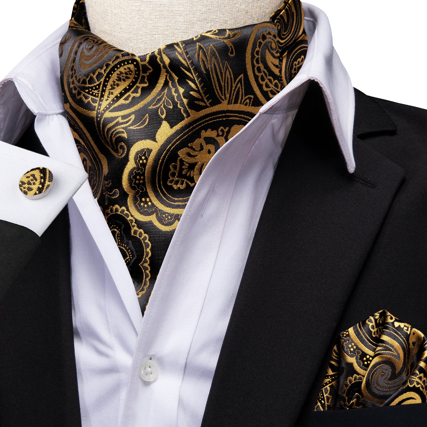 Victorian Ascot Silky Floral Day Cravat Set [Paisley-D-Black]
