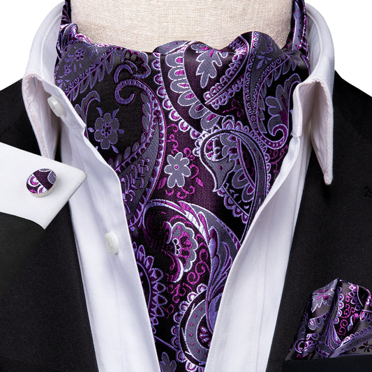Victorian Ascot Silky Floral Day Cravat Set [Paisley Purple]