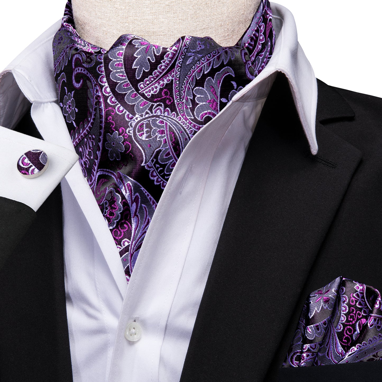 Victorian Ascot Silky Floral Day Cravat Set [Paisley Purple]