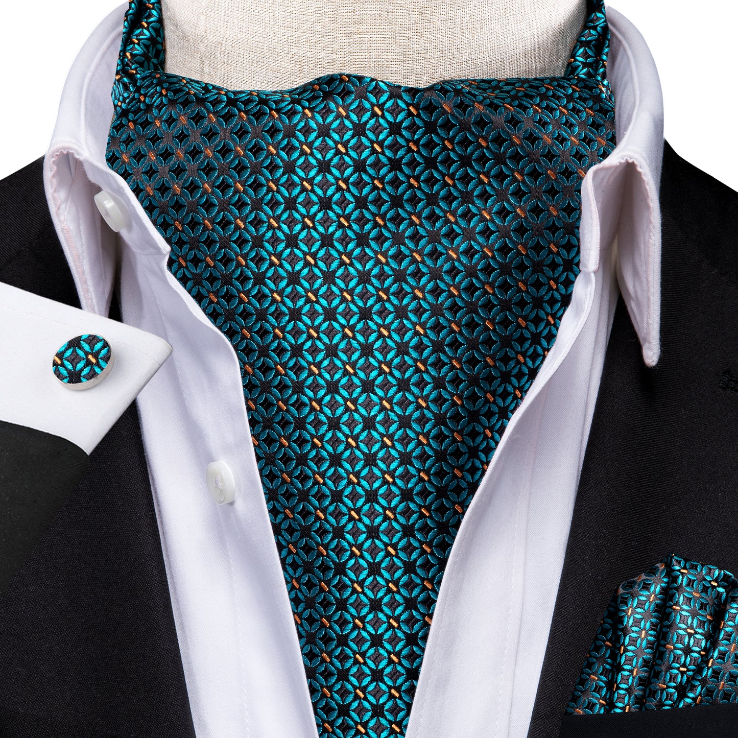 Victorian Ascot Silky Floral Day Cravat Set [Pool Teal]