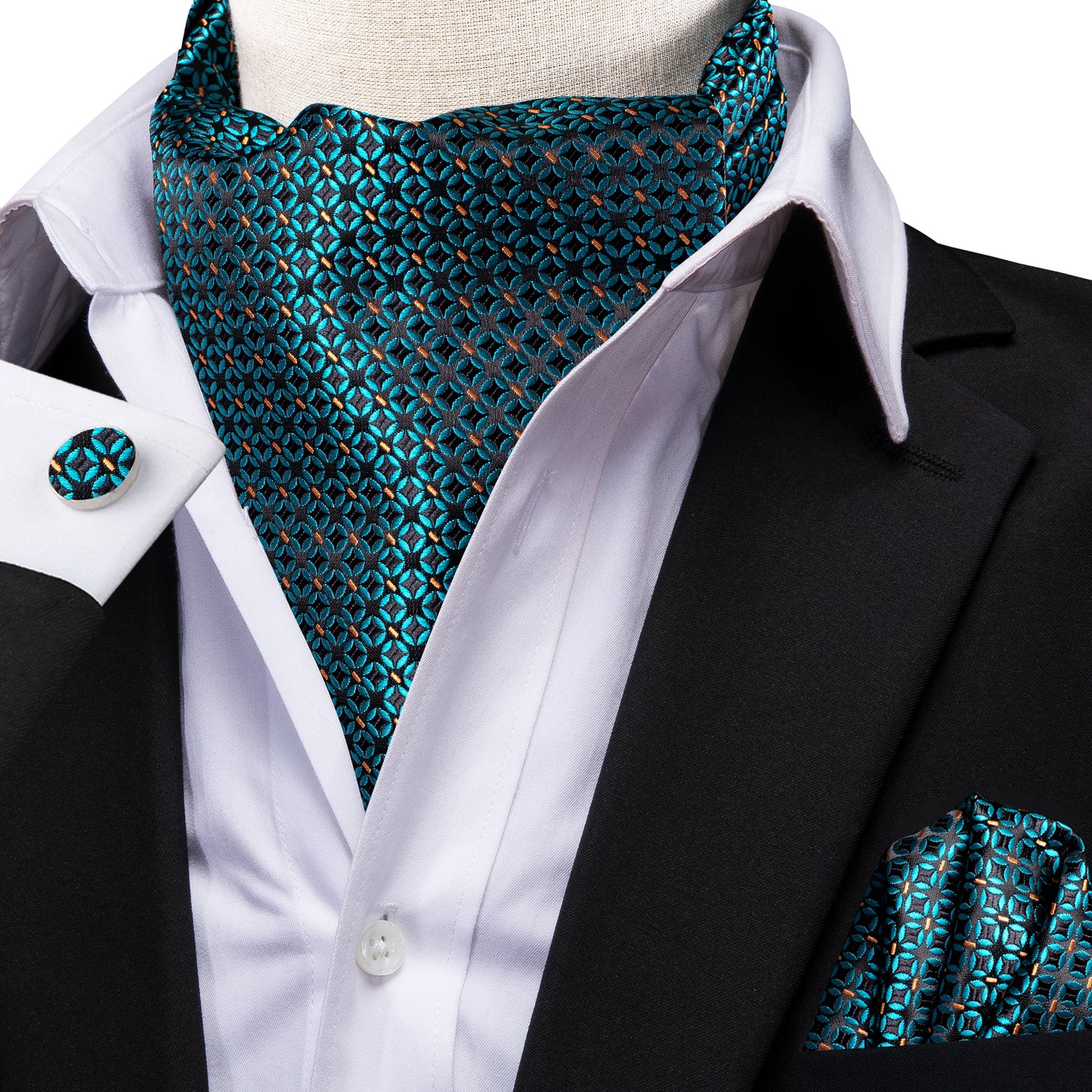 Victorian Ascot Silky Floral Day Cravat Set [Pool Teal]