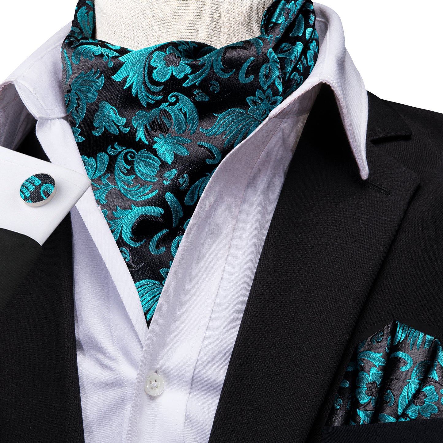 Victorian Ascot Silky Floral Day Cravat Set [Turq Garden]