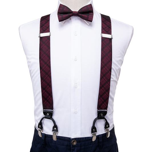 BD3035 Men's Braces Designer Clip Suspender Set [Maroon Plaid]