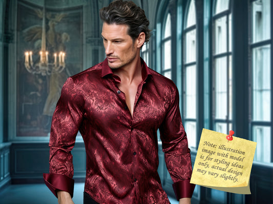 Novelty Silky Shirt Sale Buy 1 Get 1 Free Random Design in Your Size - Burgundy Paisley
