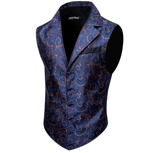 Victorian Waistcoat Steampunk Vintage Vest Silky Retro Paisley Royal Blue