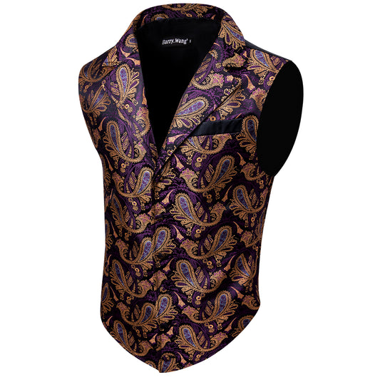 Victorian Waistcoat Steampunk Vintage Vest Silky Retro Paisley Purple Yellow