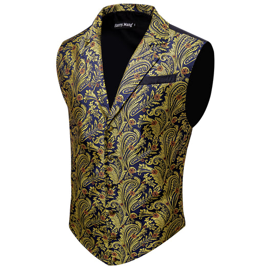 Victorian Waistcoat Steampunk Vintage Vest Silky Retro Paisley Gold Blue