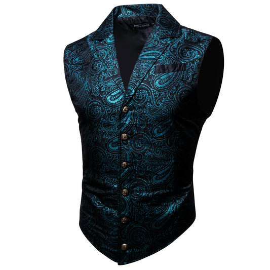 Victorian Waistcoat Steampunk Vintage Vest Silky Retro Swirl Teal Blue