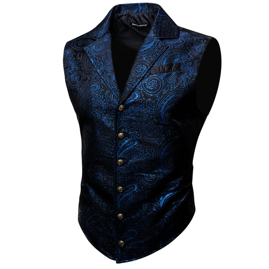 Victorian Waistcoat Steampunk Vintage Vest Silky Retro Swirl Ocean Blue
