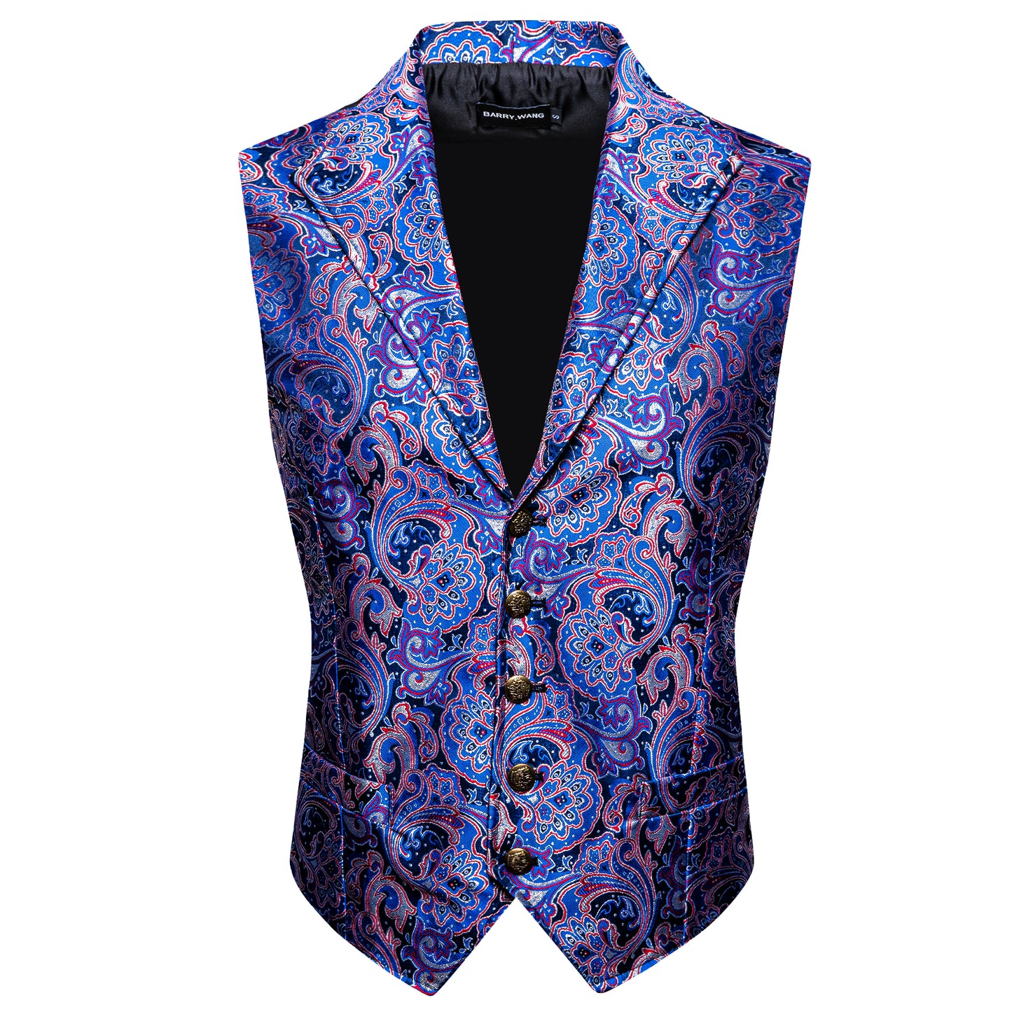 Men's Waistcoat Floral Vintage Silky Gilet Retro Vest Lapel Collar Royal Blue