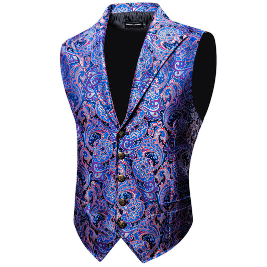 Men's Waistcoat Floral Vintage Silky Gilet Retro Vest Lapel Collar Royal Blue