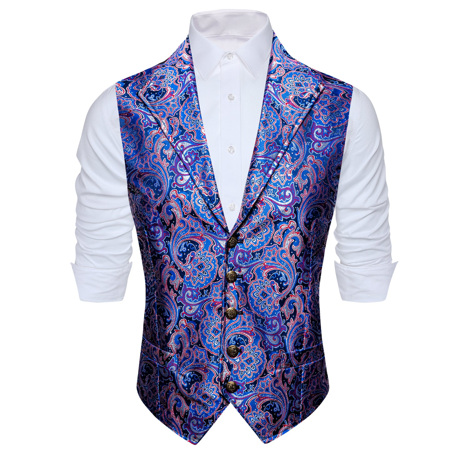 Men's Waistcoat Floral Vintage Silky Gilet Retro Vest Lapel Collar Royal Blue