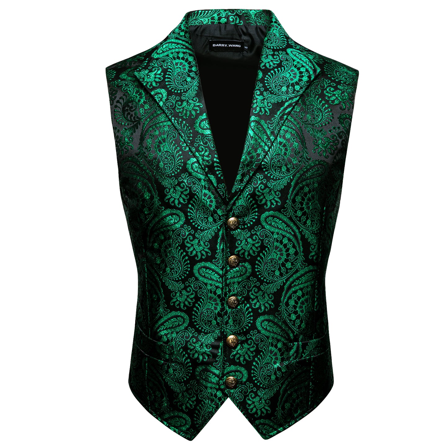 Men's Waistcoat Floral Vintage Silky Gilet Retro Vest Lapel Collar Fern Green