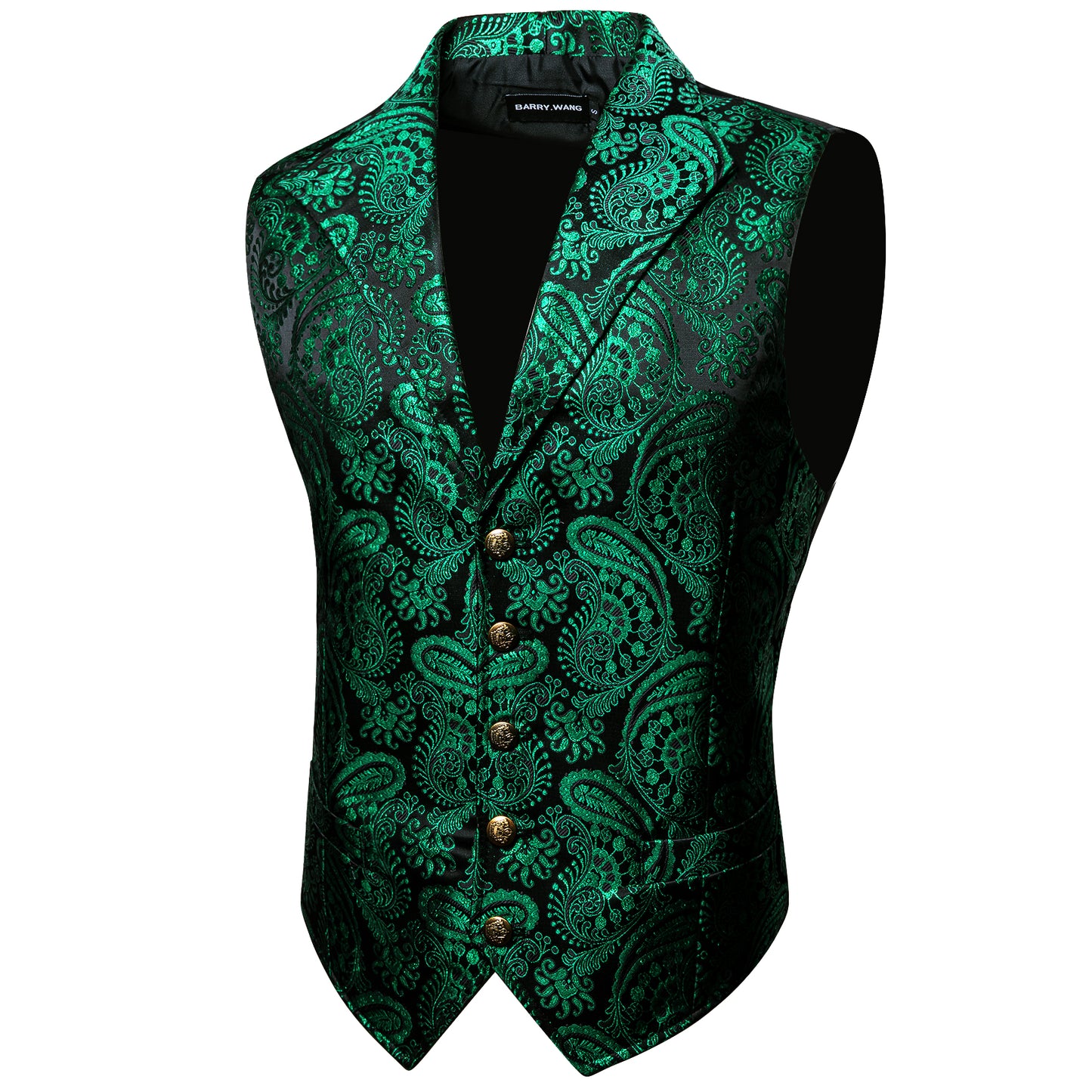 Men's Waistcoat Floral Vintage Silky Gilet Retro Vest Lapel Collar Fern Green