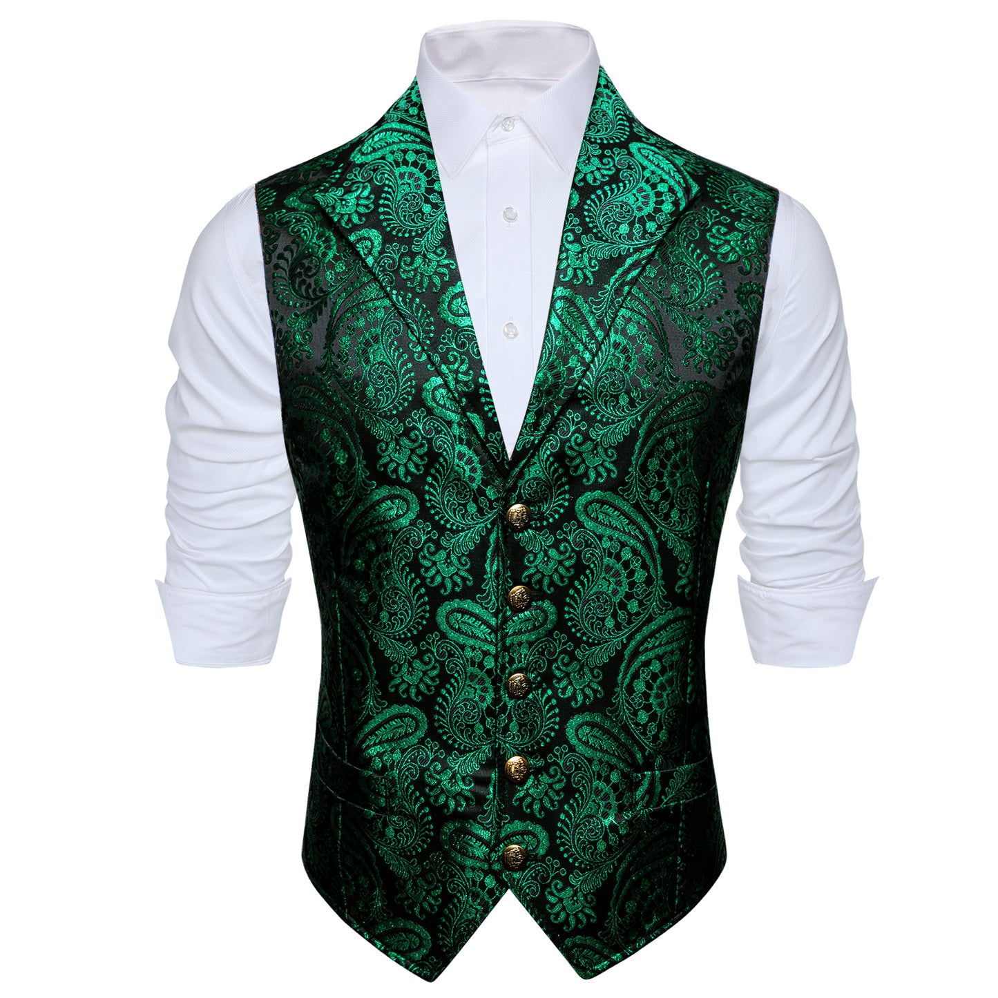 Men's Waistcoat Floral Vintage Silky Gilet Retro Vest Lapel Collar Fern Green