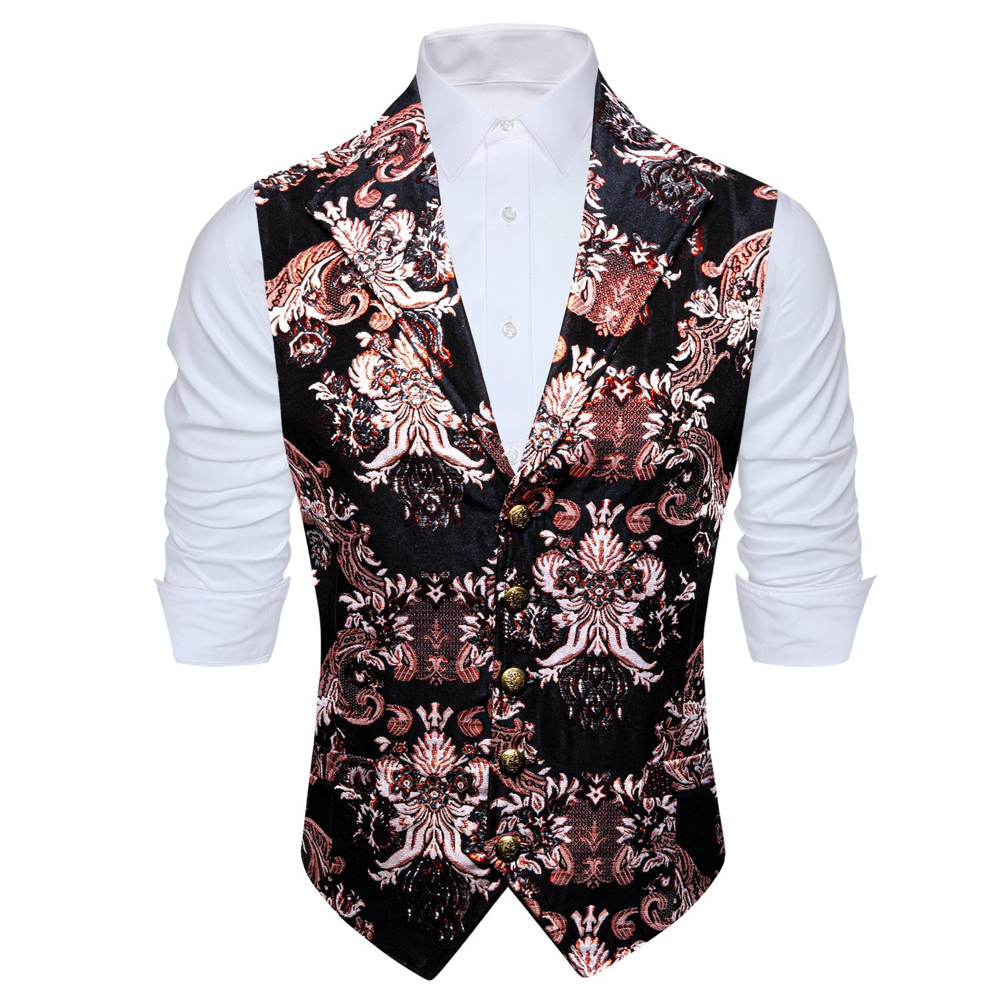 Men's Waistcoat Floral Vintage Silky Gilet Retro Vest Lapel Collar Brick Red