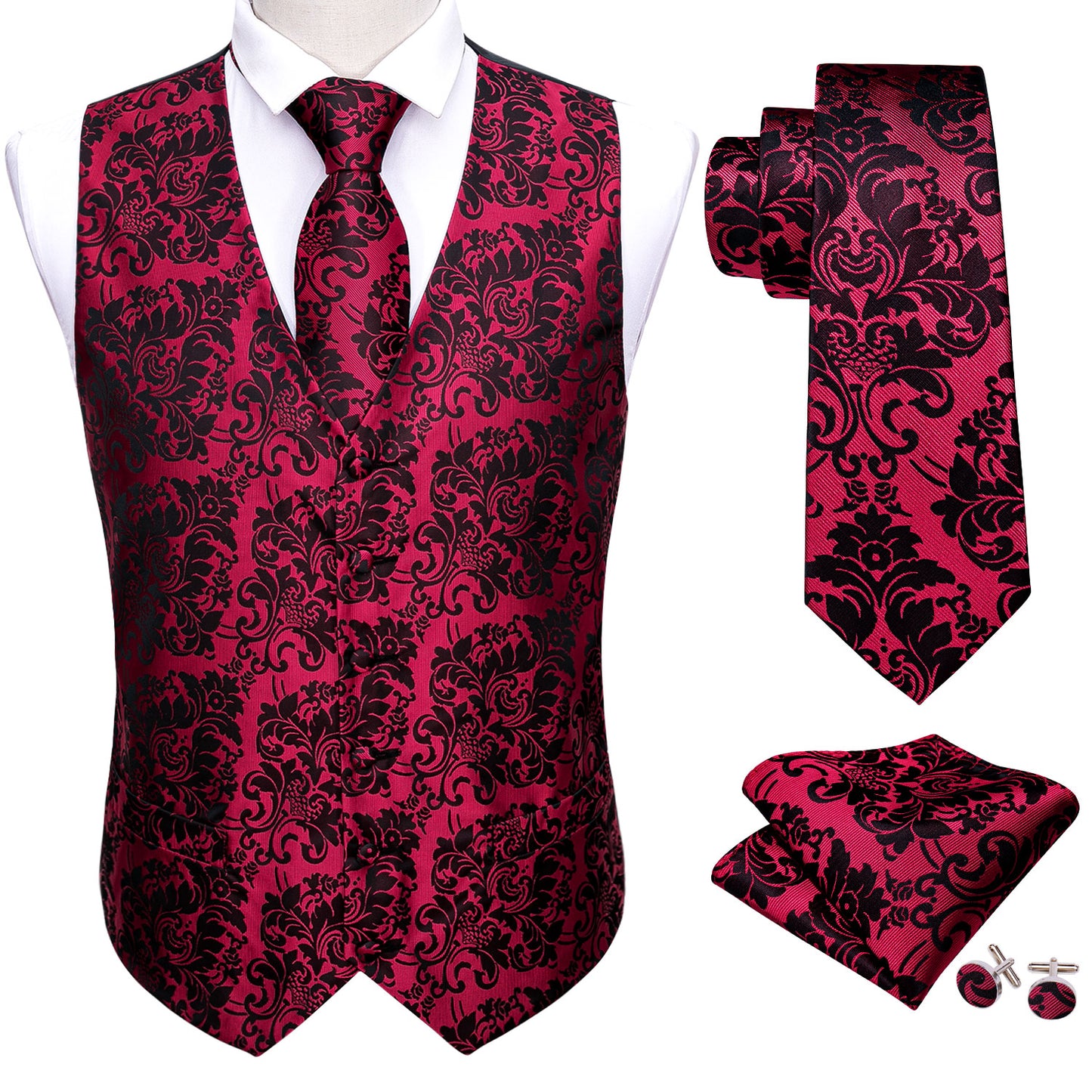 Designer Floral Waistcoat Silky Novelty Vest Fushia Damask