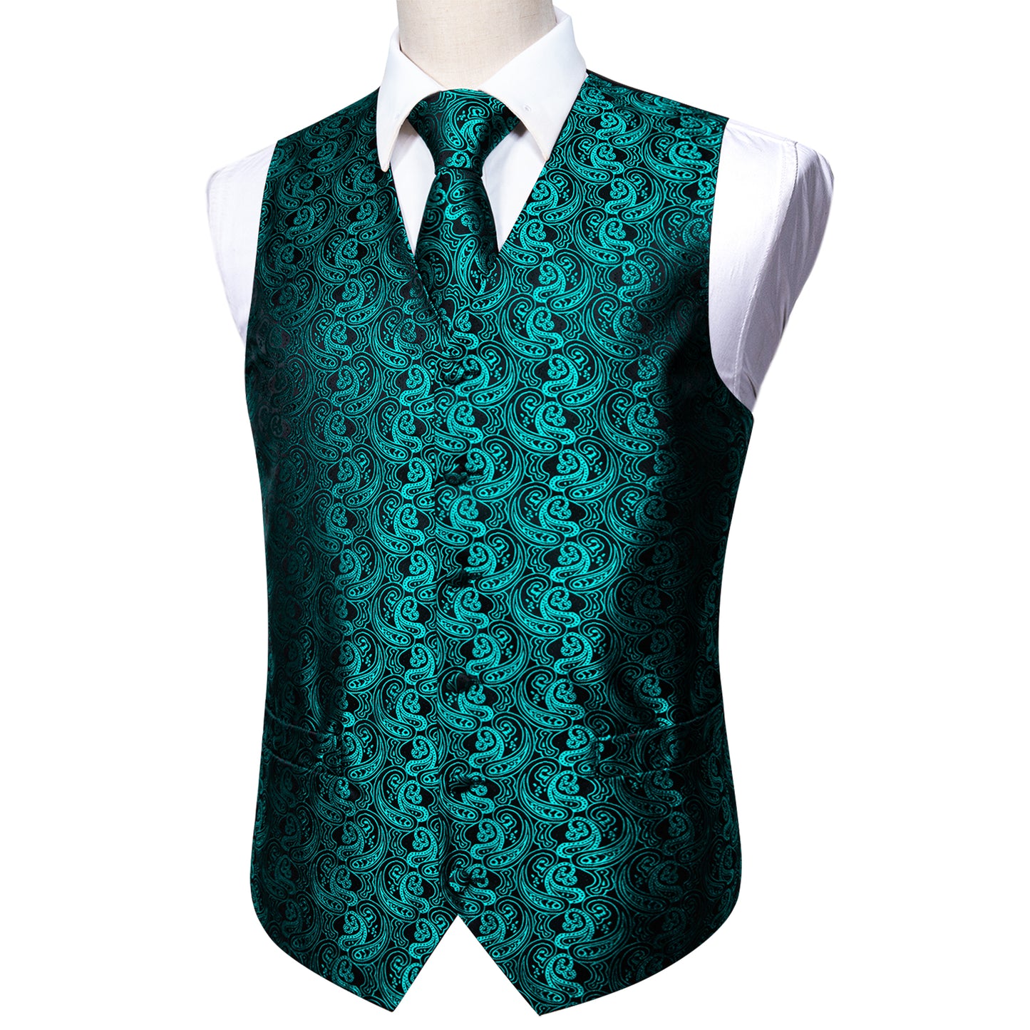 Designer Floral Waistcoat Silky Novelty Vest Teal Cashew