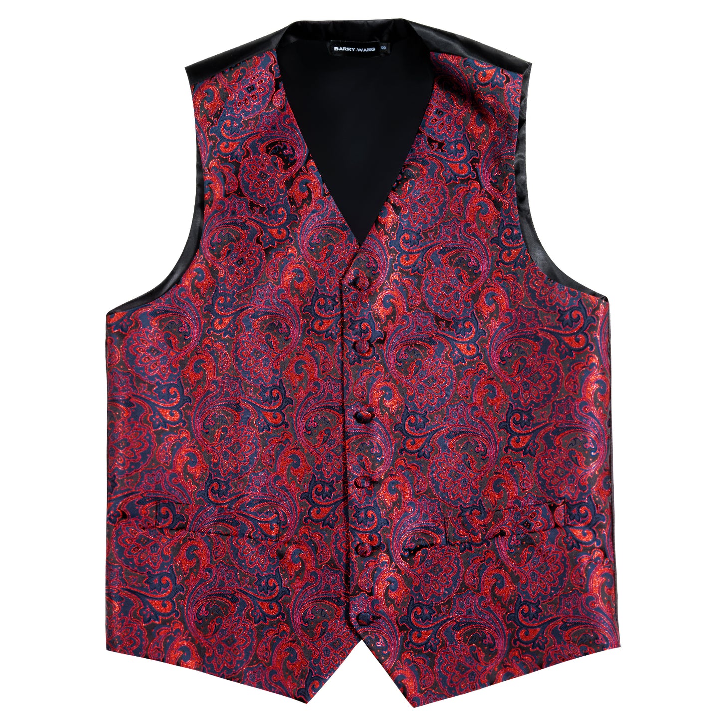 Designer Waistcoat Novelty Bowtie Vest Shiny French Fan Print Garnet Red