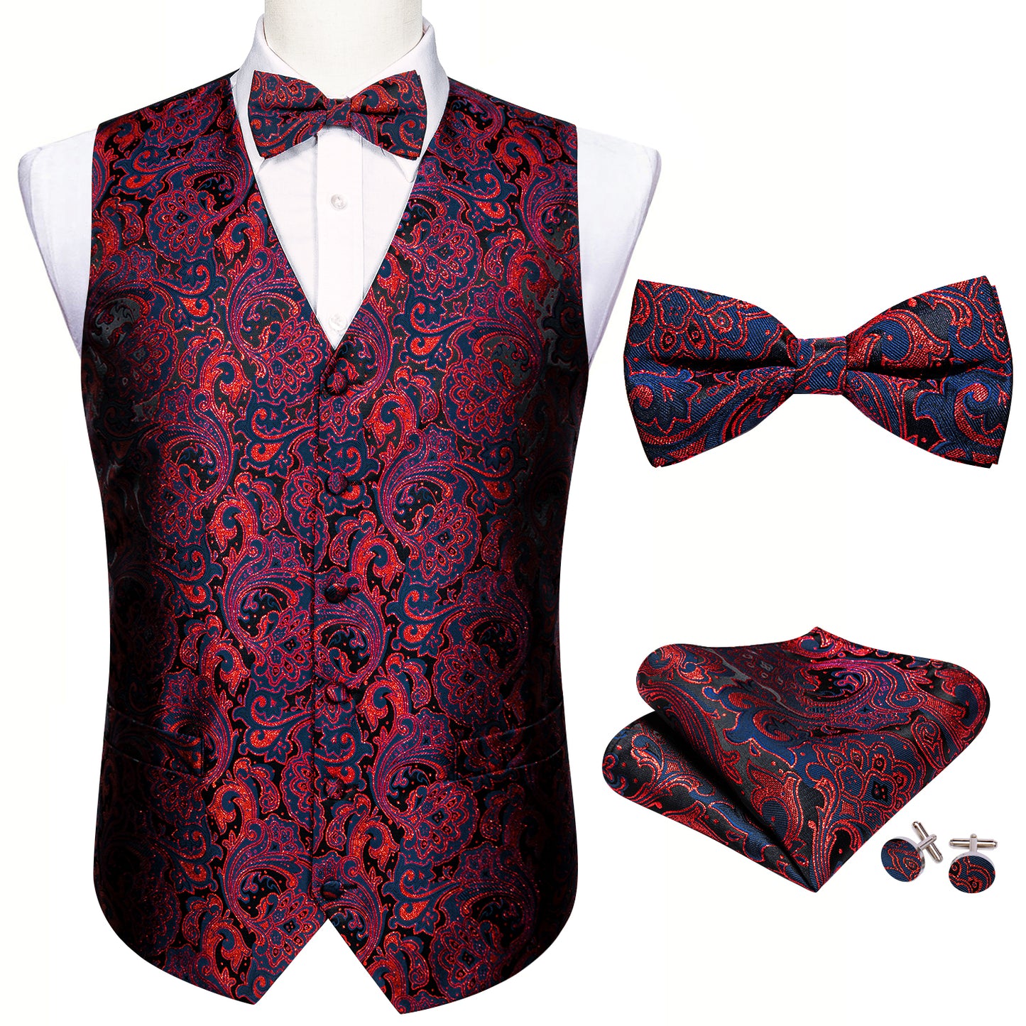 Designer Waistcoat Novelty Bowtie Vest Shiny French Fan Print Garnet Red