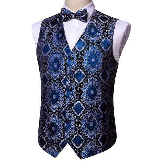 Designer Waistcoat Novelty Bowtie Vest Shiny Diamond Print Navy Blue