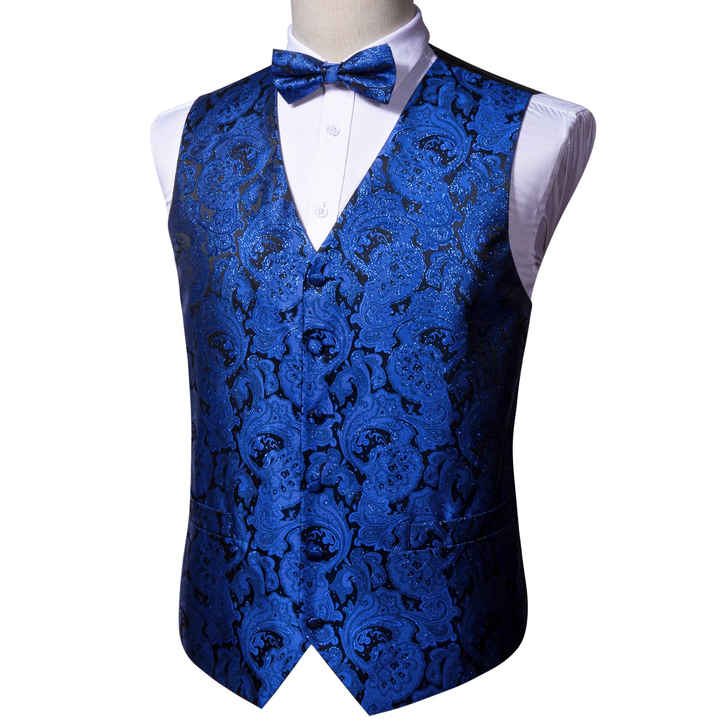 Designer Waistcoat Novelty Bowtie Vest Shiny French Fan Print Royal Blue